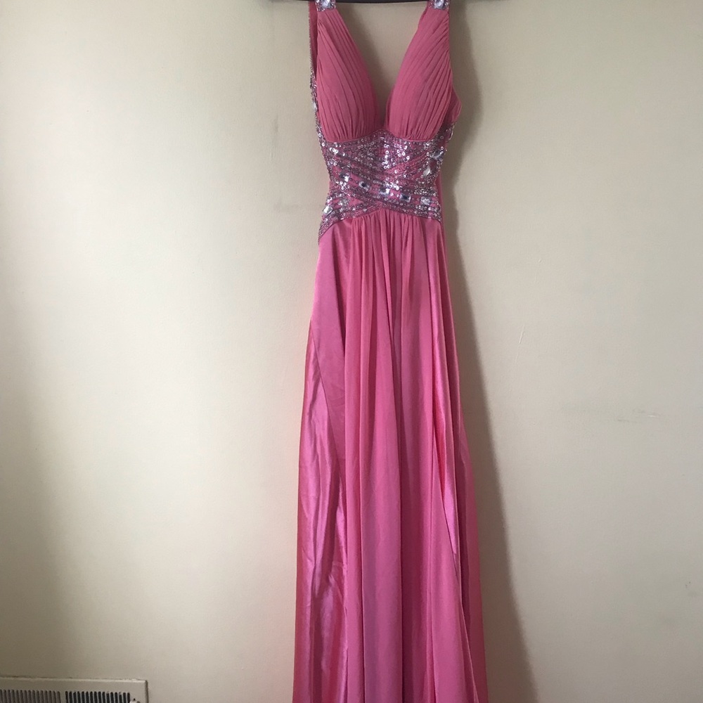 Pink long formal dress with diamonds and sequins